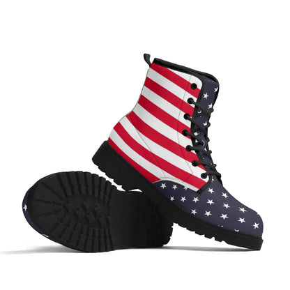 American Flag Men Leather Boots, Stars Stripes USA Red White Blue Patriotic America Lace Up Shoes Festival Black Ankle Combat Work Hiking