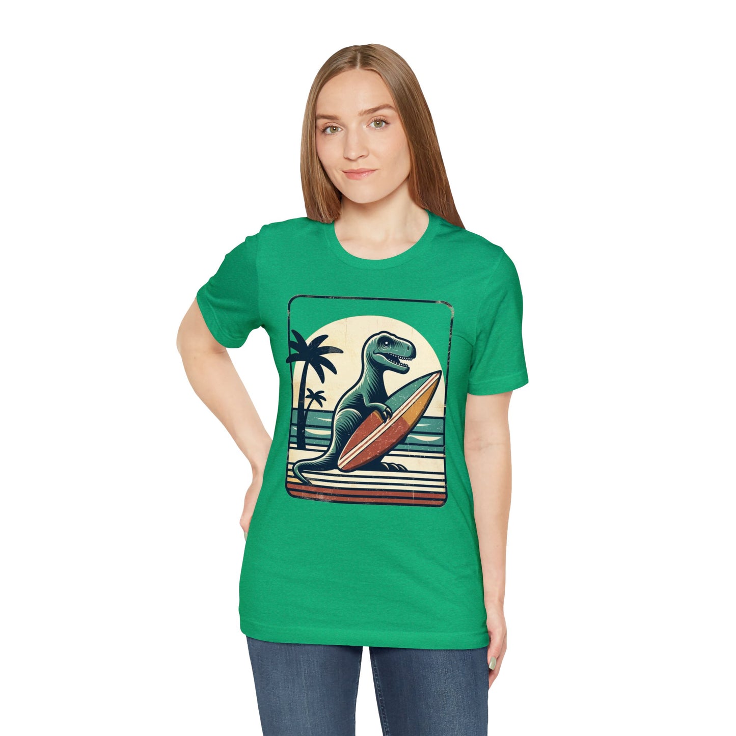 Dinosaur Surfboard Tshirt, Surfing Dino Adult Vintage Distressed Art Designer Graphic Cool 80s Crewneck Men Women Tee Short Sleeve Shirt