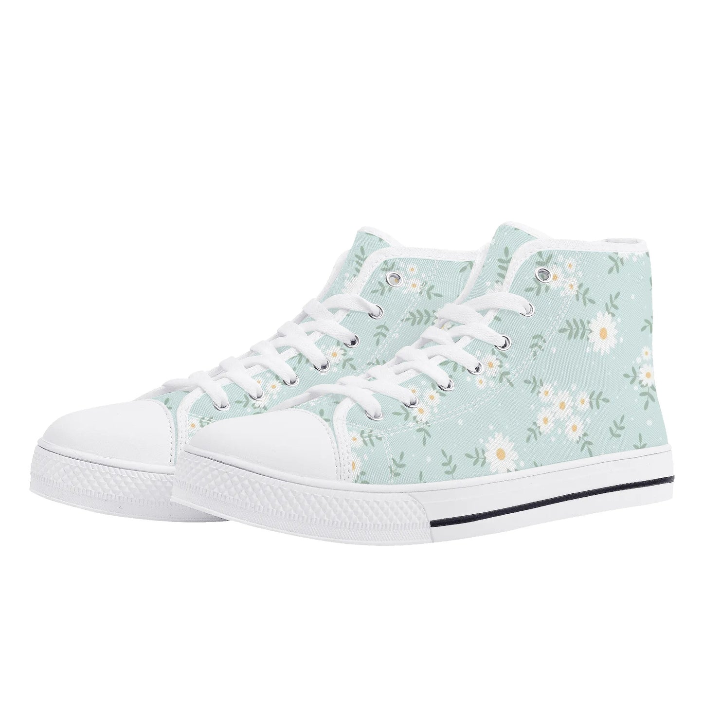 Daisy Women High Top Shoes, Blue Floral Lace Up Sneakers Footwear Canvas Streetwear Ladies Girls White Trainers Designer Gift