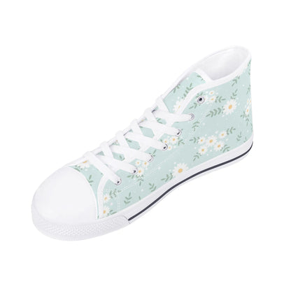 Daisy Women High Top Shoes, Blue Floral Lace Up Sneakers Footwear Canvas Streetwear Ladies Girls White Trainers Designer Gift