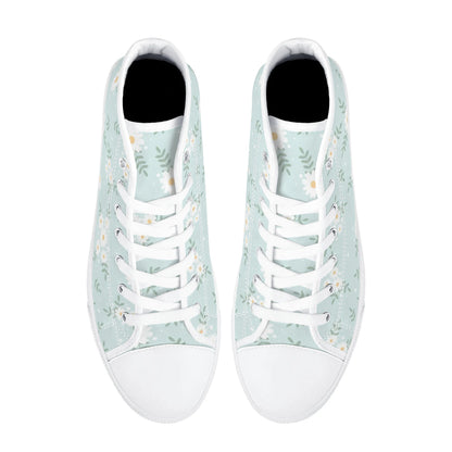 Daisy Women High Top Shoes, Blue Floral Lace Up Sneakers Footwear Canvas Streetwear Ladies Girls White Trainers Designer Gift