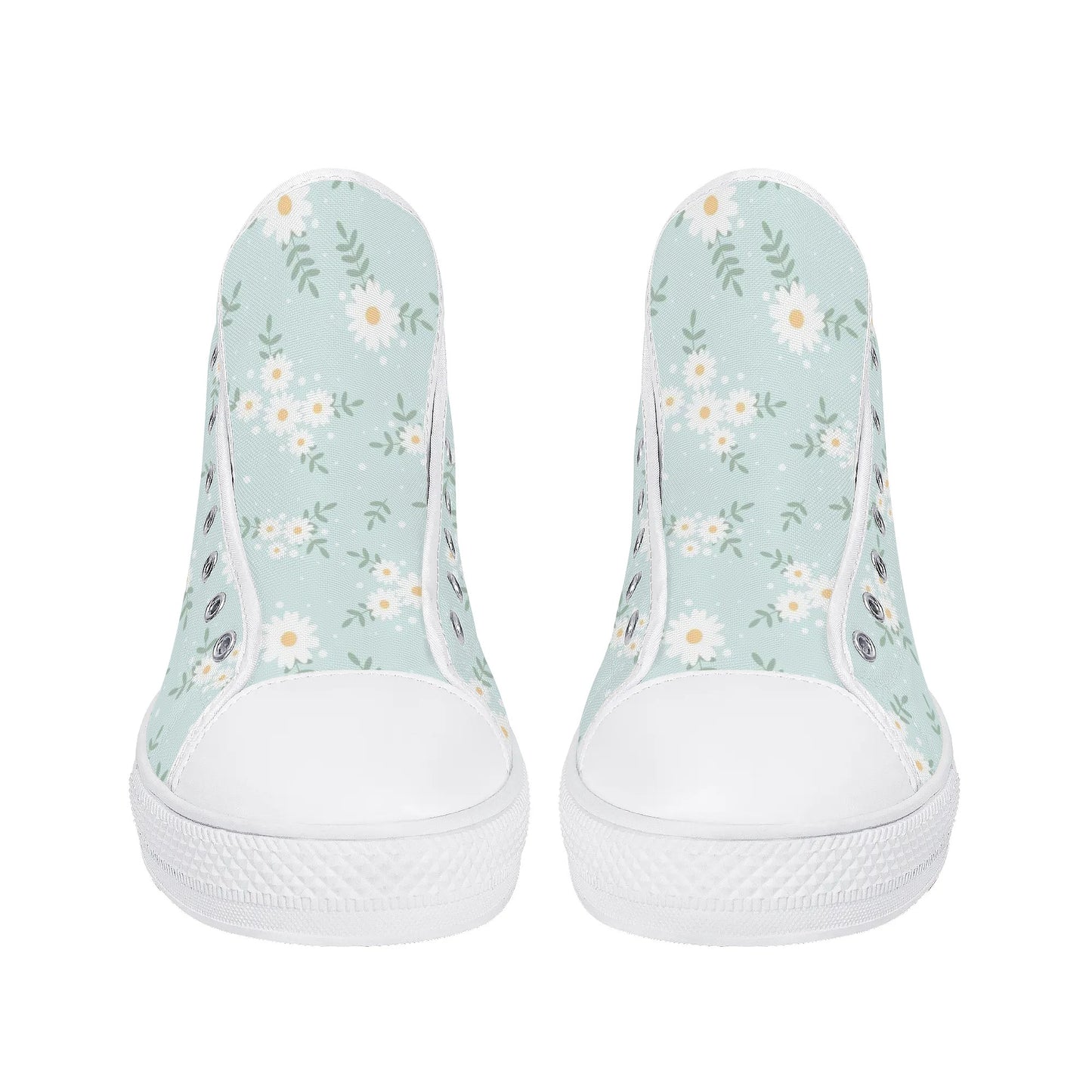 Daisy Women High Top Shoes, Blue Floral Lace Up Sneakers Footwear Canvas Streetwear Ladies Girls White Trainers Designer Gift