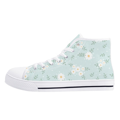 Daisy Women High Top Shoes, Blue Floral Lace Up Sneakers Footwear Canvas Streetwear Ladies Girls White Trainers Designer Gift