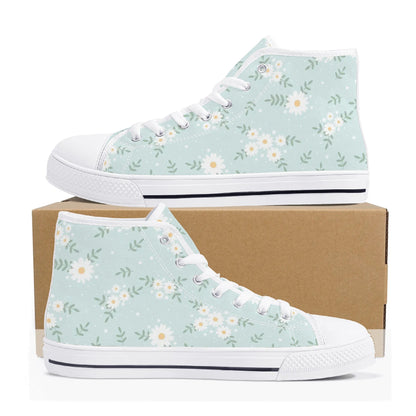 Daisy Women High Top Shoes, Blue Floral Lace Up Sneakers Footwear Canvas Streetwear Ladies Girls White Trainers Designer Gift