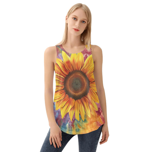 Sunflower Tie Dye Women Tank Top, Yellow Floral Flower Festival Yoga Workout Ladies Summer Muscle Sleeveless Female Designer Shirt Tee