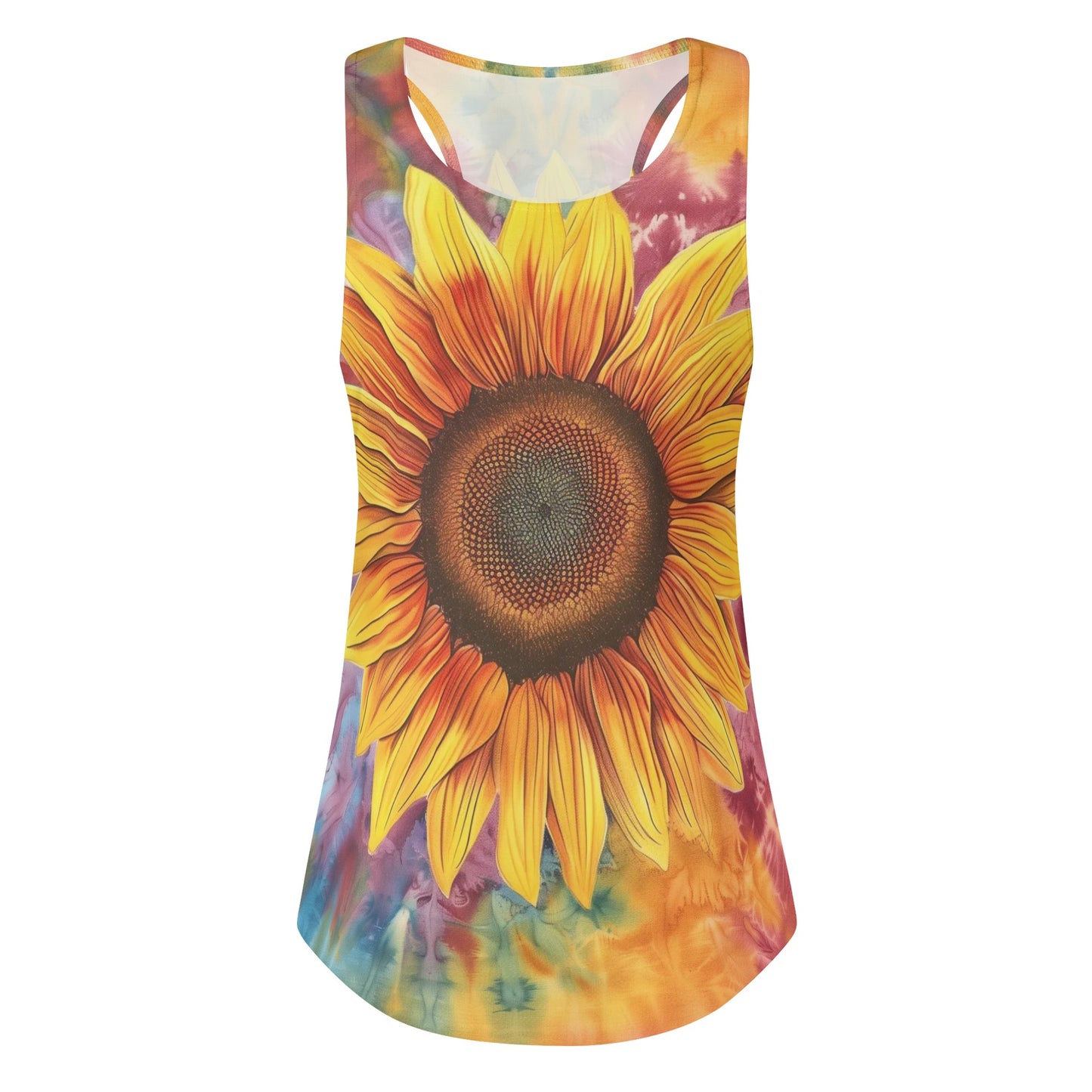 Sunflower Tie Dye Women Tank Top, Yellow Floral Flower Festival Yoga Workout Ladies Summer Muscle Sleeveless Female Designer Shirt Tee