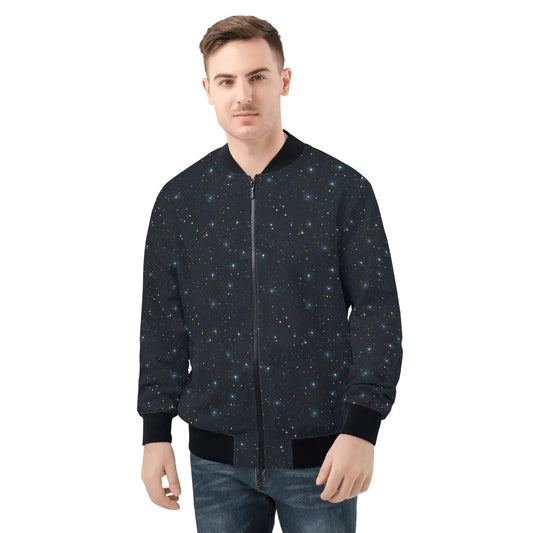 Space Galaxy Men Bomber Jacket, Constellation Stars Zip Up Male Streetwear Winter Vintage Flight Varsity Warm Designer Coat Outfit Plus Size