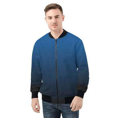 Blue Ombre Men Bomber Jacket, Black Gradient Tie Dye Zip Up Streetwear Male Winter Vintage Flight Varsity Warm Designer Coat Plus Size