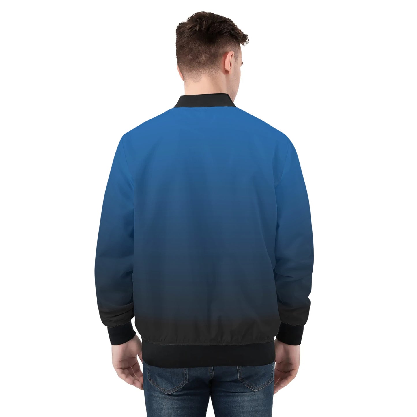 Blue Ombre Men Bomber Jacket, Black Gradient Tie Dye Zip Up Streetwear Male Winter Vintage Flight Varsity Warm Designer Coat Plus Size