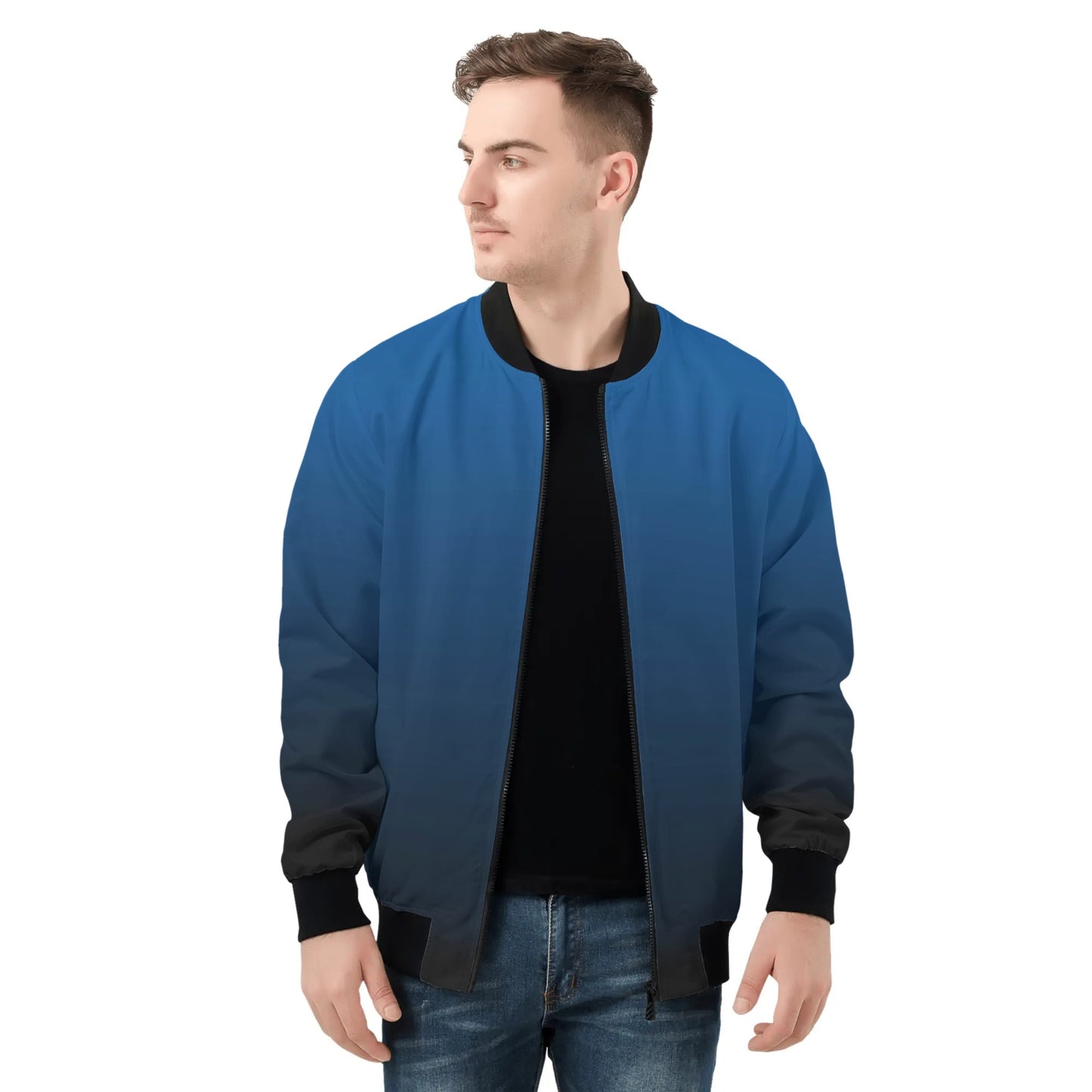 Blue Ombre Men Bomber Jacket, Black Gradient Tie Dye Zip Up Streetwear Male Winter Vintage Flight Varsity Warm Designer Coat Plus Size