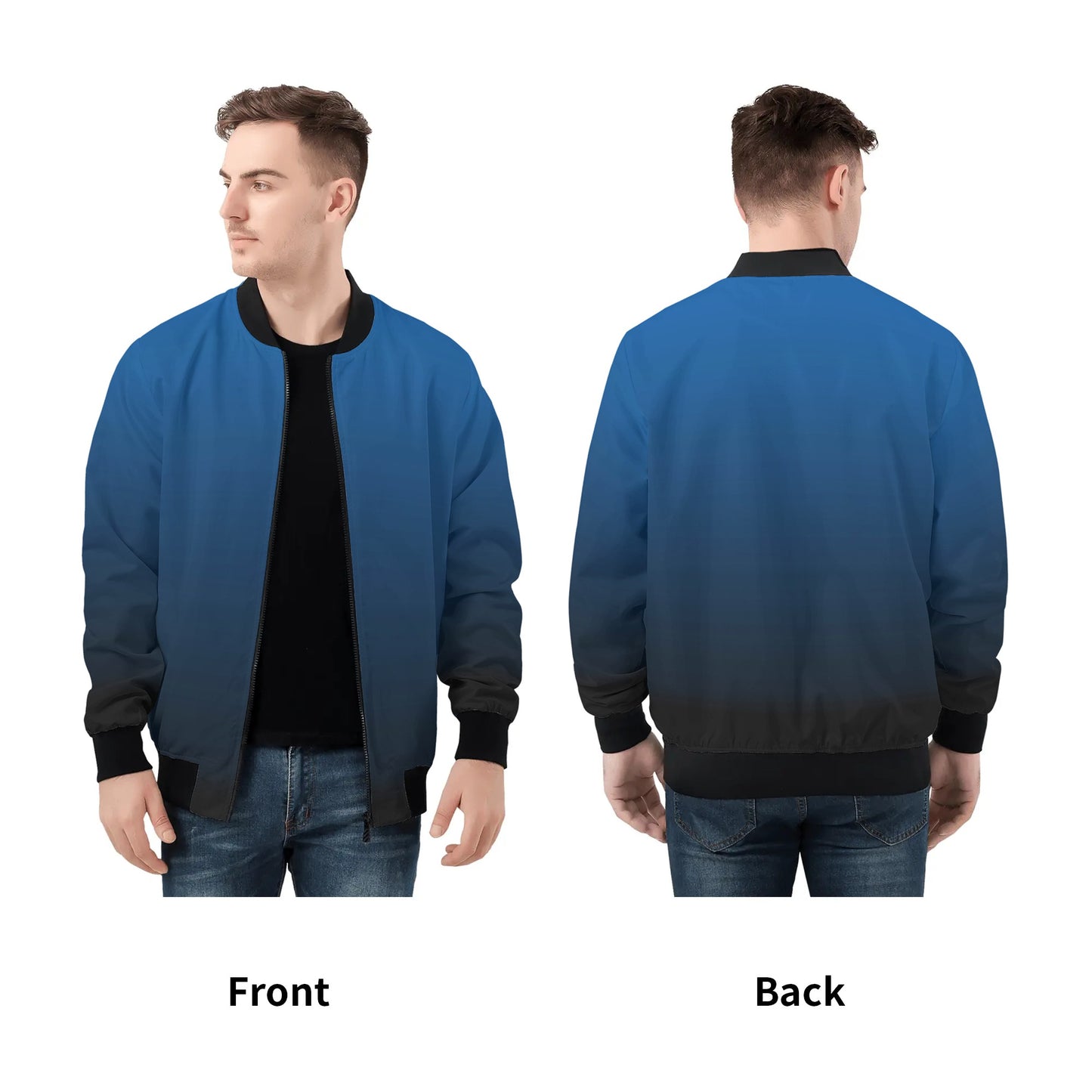 Blue Ombre Men Bomber Jacket, Black Gradient Tie Dye Zip Up Streetwear Male Winter Vintage Flight Varsity Warm Designer Coat Plus Size