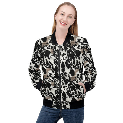 Cow Print Women Bomber Jacket, Black White Brown Animal Ladies Female Zip Up Streetwear Winter Vintage Varsity Warm Designer Coat Plus Size