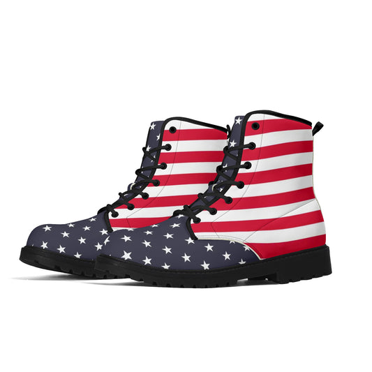 American Flag Women Leather Boots, Stars Stripes USA Red White Blue Patriotic Lace Up Shoes Festival Black Ankle Combat Work Ladies Vegan