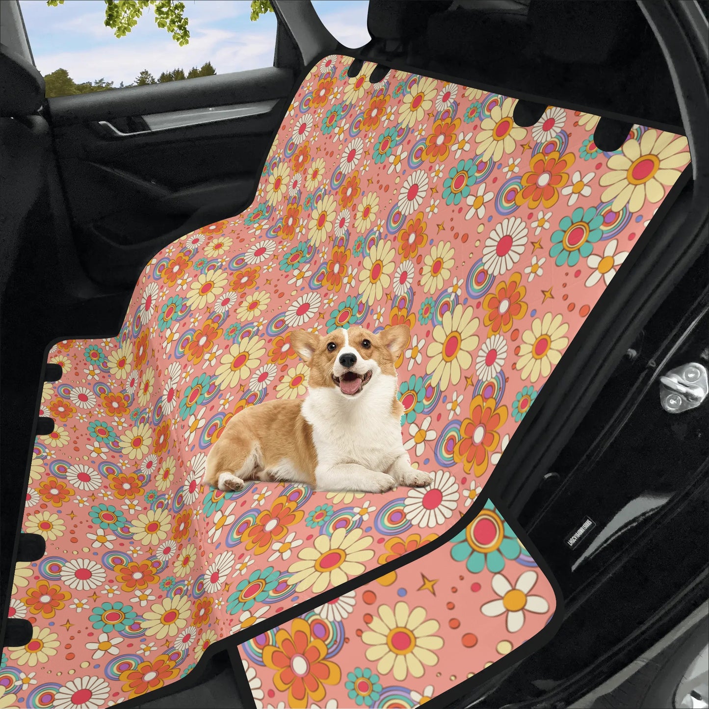 Retro Floral Dog Back Seat Cover, Vintage Flowers Pink Cat Rear Protector Pets Waterproof Washable Vehicle Blanket SUV Auto Truck Hammock