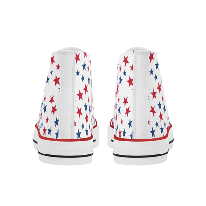 Red White Blue Stars High Top Shoes, American Flag USA Women Men Lace Up Sneakers 4th of July Footwear Canvas Ladies Trainers Designer