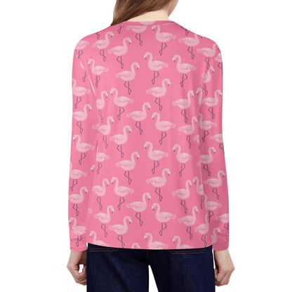 Pink Flamingo Women Long Sleeve Tshirt, Summer Cute Designer Graphic Aesthetic Crew Neck Ladies Female Tee Top Shirt