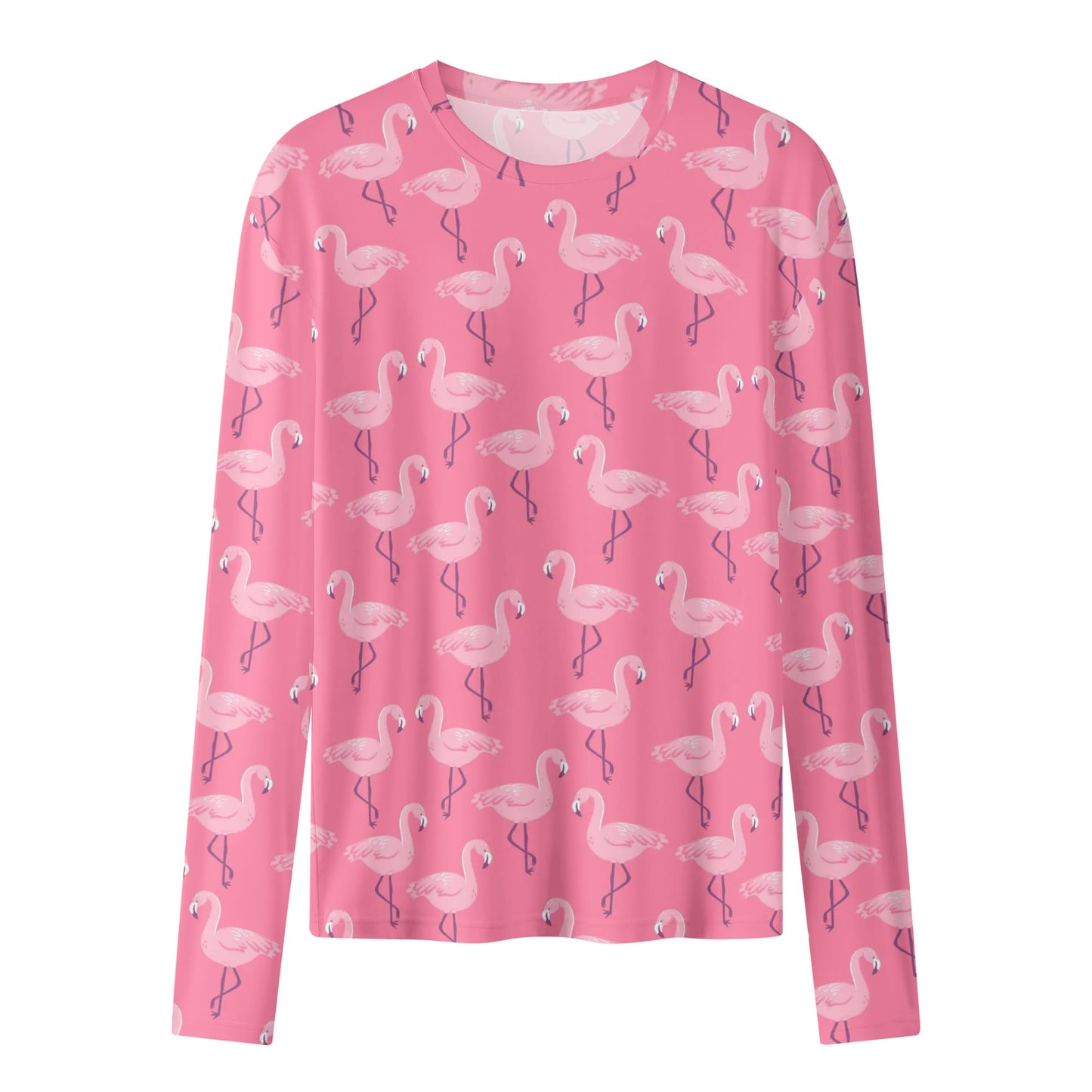 Pink Flamingo Women Long Sleeve Tshirt, Summer Cute Designer Graphic Aesthetic Crew Neck Ladies Female Tee Top Shirt