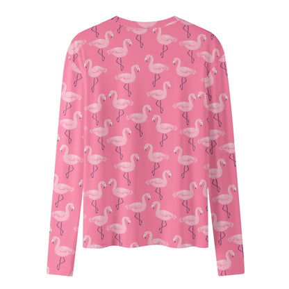 Pink Flamingo Women Long Sleeve Tshirt, Summer Cute Designer Graphic Aesthetic Crew Neck Ladies Female Tee Top Shirt