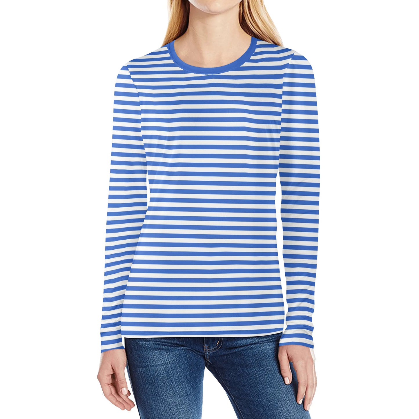 Blue and White Striped Women Long Sleeve Tshirt, Breton Stripe Summer Designer Graphic Aesthetic Crew Neck Ladies Female Tee Top Shirt