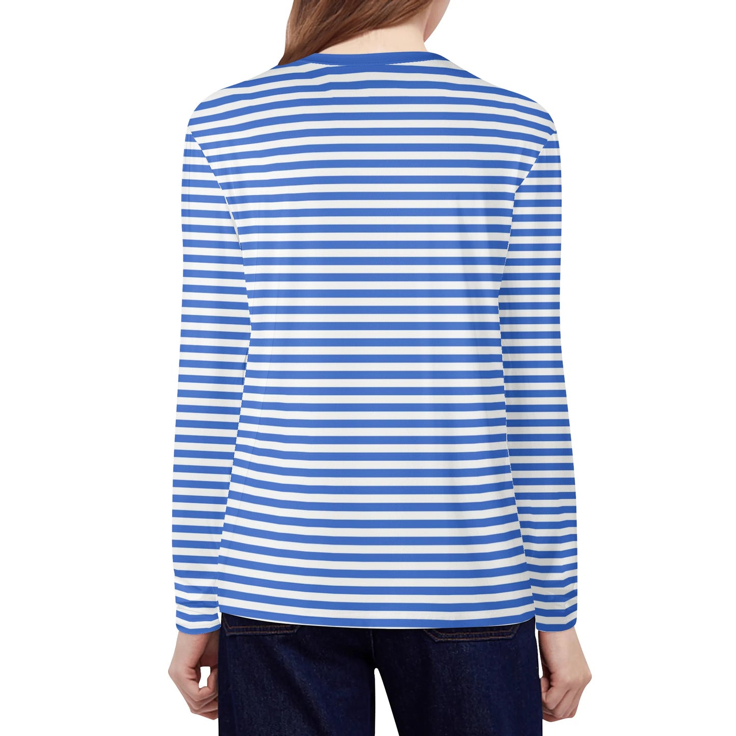 Blue and White Striped Women Long Sleeve Tshirt, Breton Stripe Summer Designer Graphic Aesthetic Crew Neck Ladies Female Tee Top Shirt