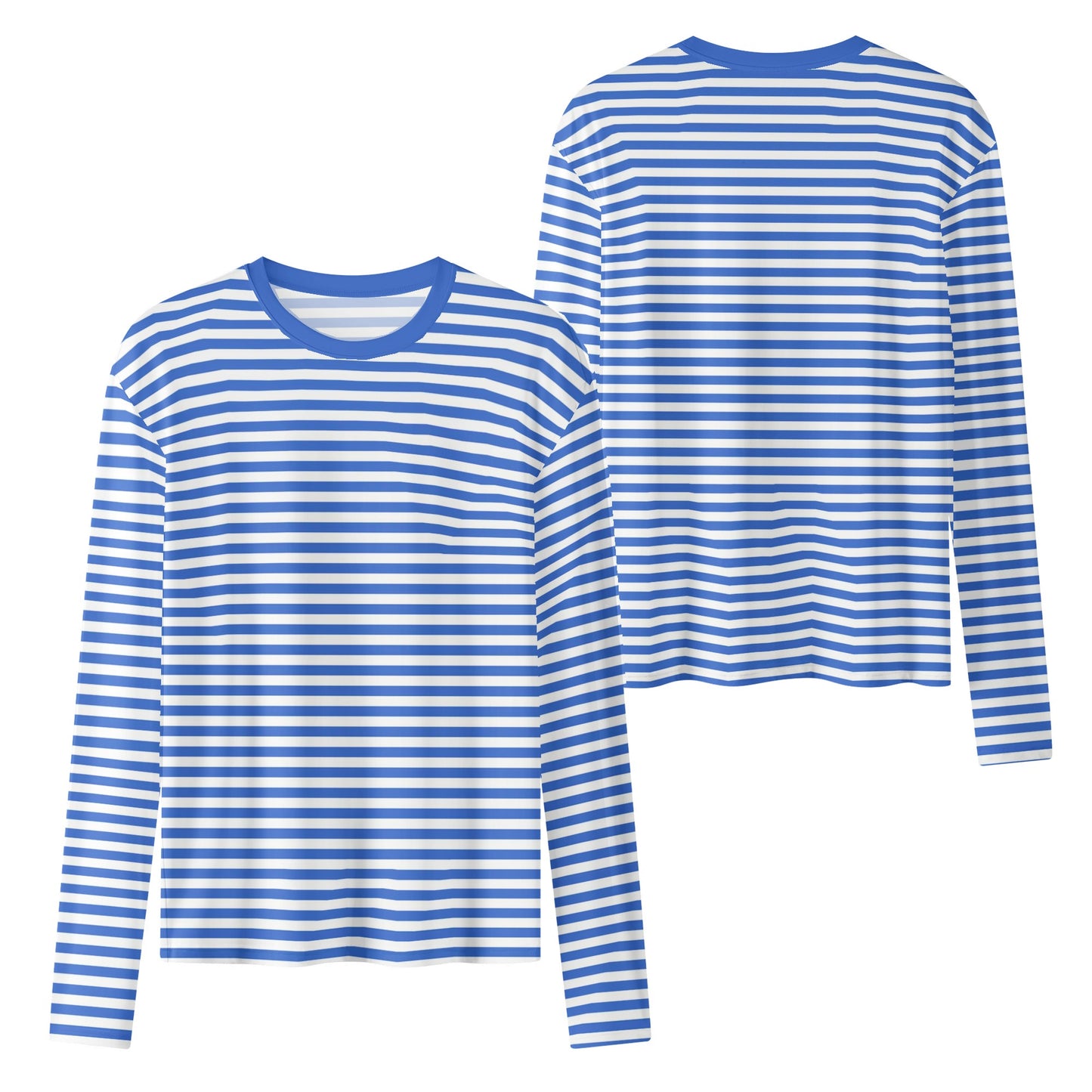 Blue and White Striped Women Long Sleeve Tshirt, Breton Stripe Summer Designer Graphic Aesthetic Crew Neck Ladies Female Tee Top Shirt