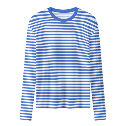 Blue and White Striped Women Long Sleeve Tshirt, Breton Stripe Summer Designer Graphic Aesthetic Crew Neck Ladies Female Tee Top Shirt