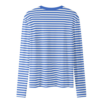 Blue and White Striped Women Long Sleeve Tshirt, Breton Stripe Summer Designer Graphic Aesthetic Crew Neck Ladies Female Tee Top Shirt