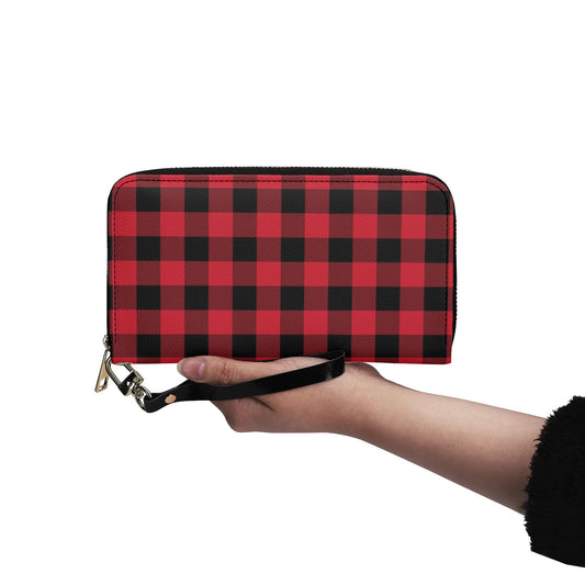 Red Buffalo Plaid Wristlet Leather Wallet Women, Black Vegan Zipper Zip Around Credit Cards Coin Pocket Ladies Pouch Slim Strap Clutch Purse