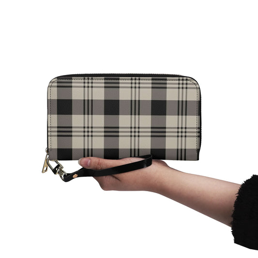 Black Grey Plaid Wristlet Leather Wallet Women, Check Vegan Zipper Zip Around Credit Cards Pocket Ladies Coin Pouch Slim Strap Clutch Purse