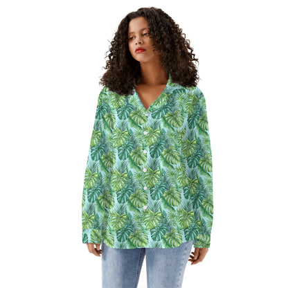 Green Tropical Leaves Long Sleeve Shirt Women, Turquoise Button Up Ladies Blouse Print Buttoned Down Collared Casual Dress Going Out Top