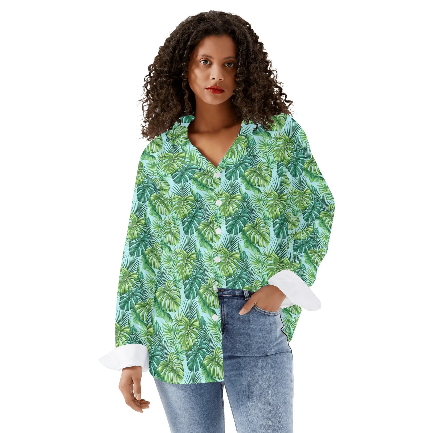 Green Tropical Leaves Long Sleeve Shirt Women, Turquoise Button Up Ladies Blouse Print Buttoned Down Collared Casual Dress Going Out Top