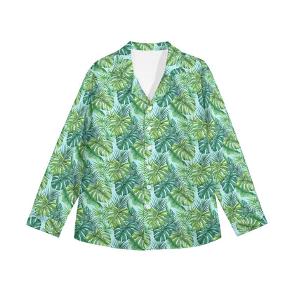 Green Tropical Leaves Long Sleeve Shirt Women, Turquoise Button Up Ladies Blouse Print Buttoned Down Collared Casual Dress Going Out Top