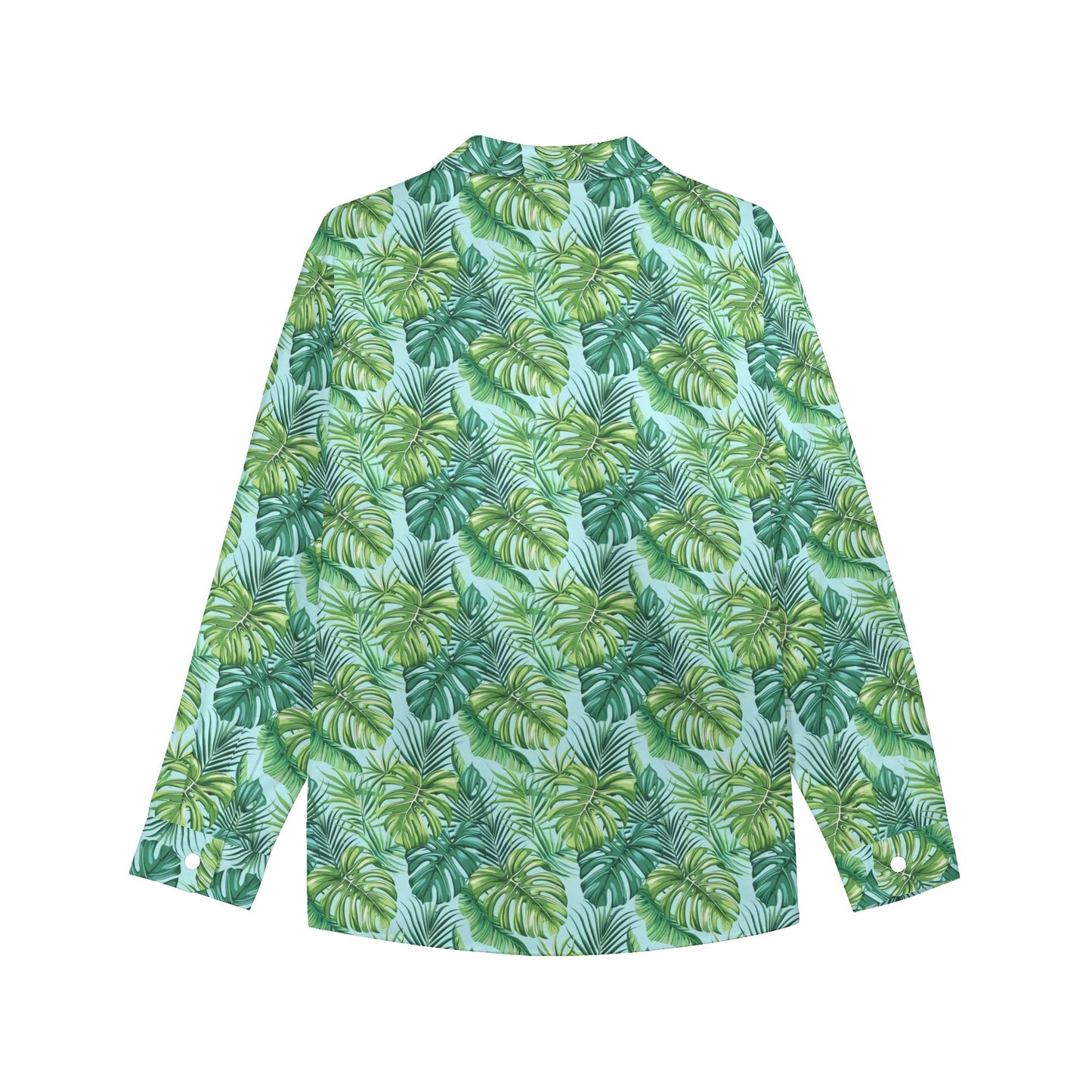 Green Tropical Leaves Long Sleeve Shirt Women, Turquoise Button Up Ladies Blouse Print Buttoned Down Collared Casual Dress Going Out Top