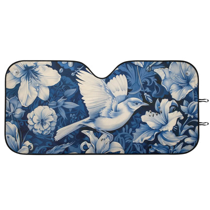 Blue Floral Bird Car Sun Shade, Flowers Front Windshield Coverings Blocker Auto Protector Window Visor Screen Cover Men Women SUV Truck