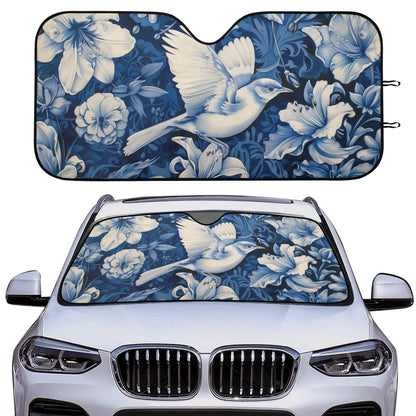 Blue Floral Bird Car Sun Shade, Flowers Front Windshield Coverings Blocker Auto Protector Window Visor Screen Cover Men Women SUV Truck