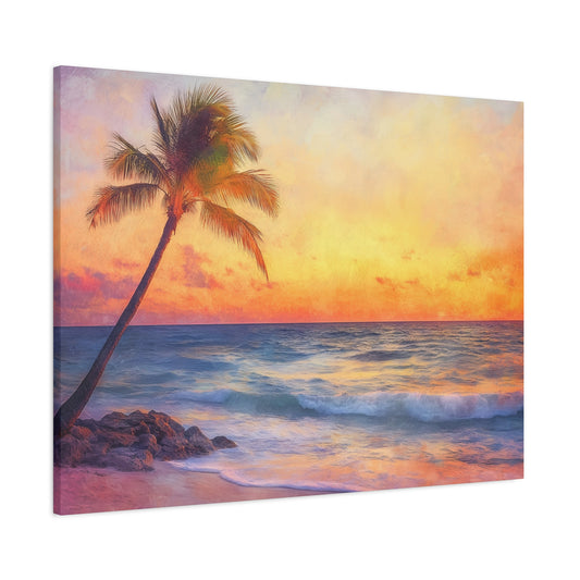 Sunset Beach Canvas Gallery Wrap, Palm Tree Ocean Waves Wall Art Print Artwork Decor Small Large Hanging Modern Vintage Landscape Poster