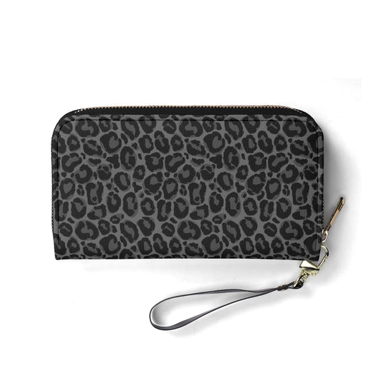 Black Leopard Wristlet Leather Wallet Women, Grey Animal Print Cheetah Vegan Zipper Zip Credit Cards Pocket Ladies Pouch Strap Clutch Purse