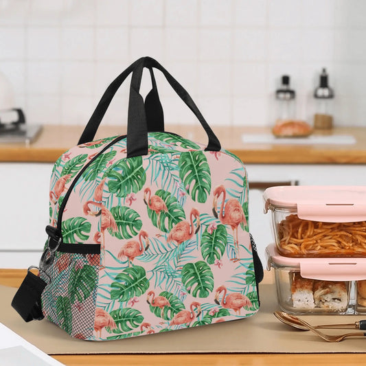 Pink Flamingo Lunch Box Bag, Tropical Cute Food Container Adult Kids Women Ladies Teens Male Men School Work Handbag Box