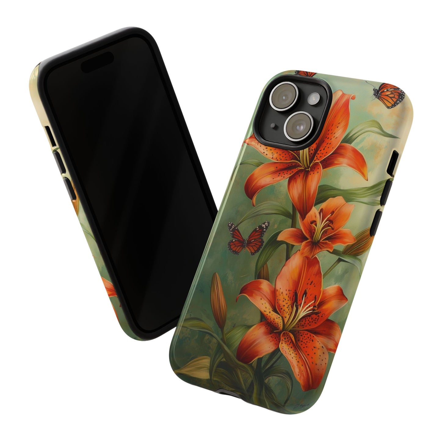 Tiger Lily Tough Phone Case, Flowers Floral Butterfly iPhone 16 15 14 13 Pro Max 12 11 8 Plus X XR XS Galaxy S24 S23 S22 S21 Google Pixel