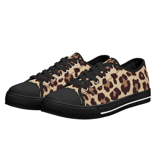 Leopard Women Shoes, Animal Print Cheetah Black White Sneakers Canvas White Low Top Lace Up Custom Female Girls Ladies Aesthetic Flat Shoes