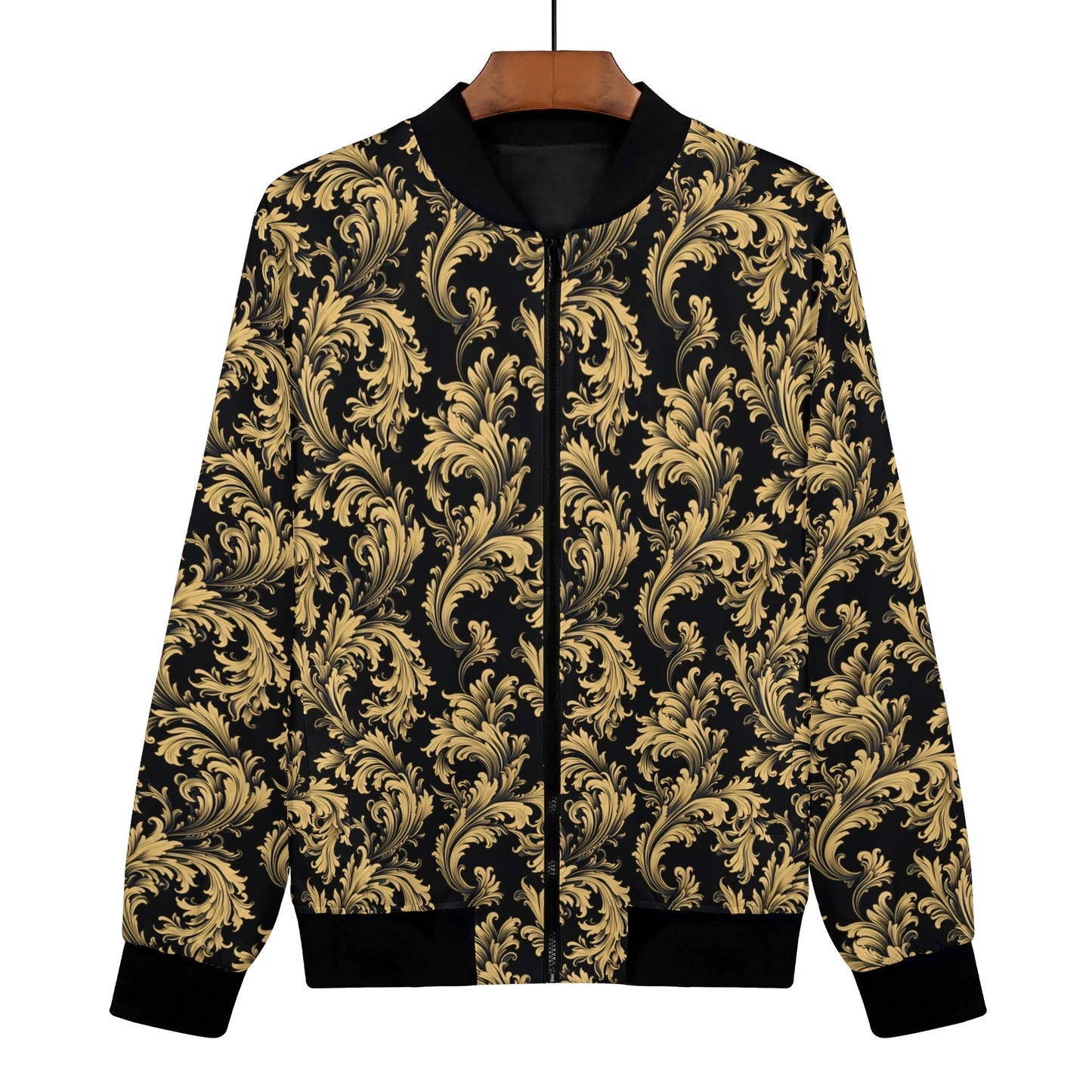 Black Gold Print Women Bomber Jacket, Baroque Ladies Female Zip Up Streetwear Winter Vintage Pilot Varsity Warm Designer Coat Plus Size