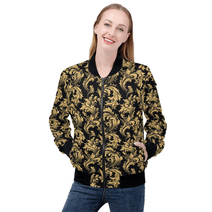 Black Gold Print Women Bomber Jacket, Baroque Ladies Female Zip Up Streetwear Winter Vintage Pilot Varsity Warm Designer Coat Plus Size