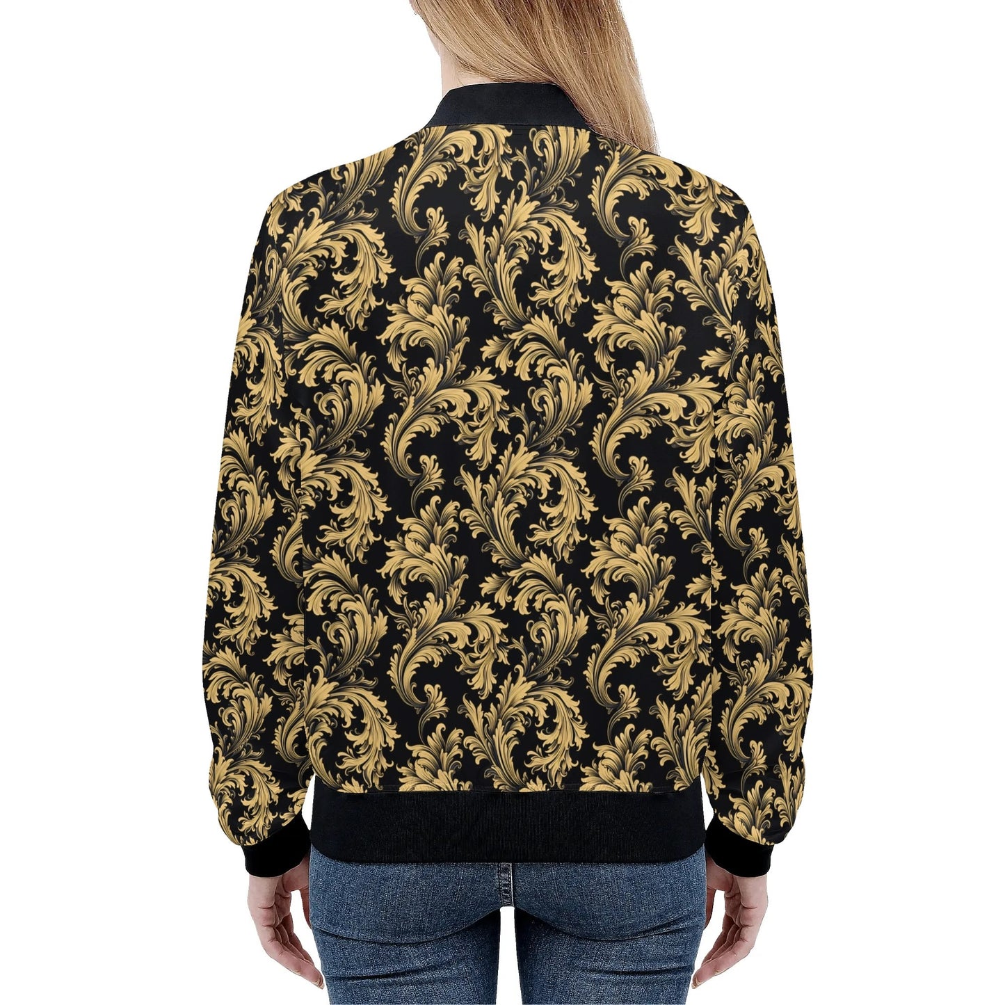 Black Gold Print Women Bomber Jacket, Baroque Ladies Female Zip Up Streetwear Winter Vintage Pilot Varsity Warm Designer Coat Plus Size