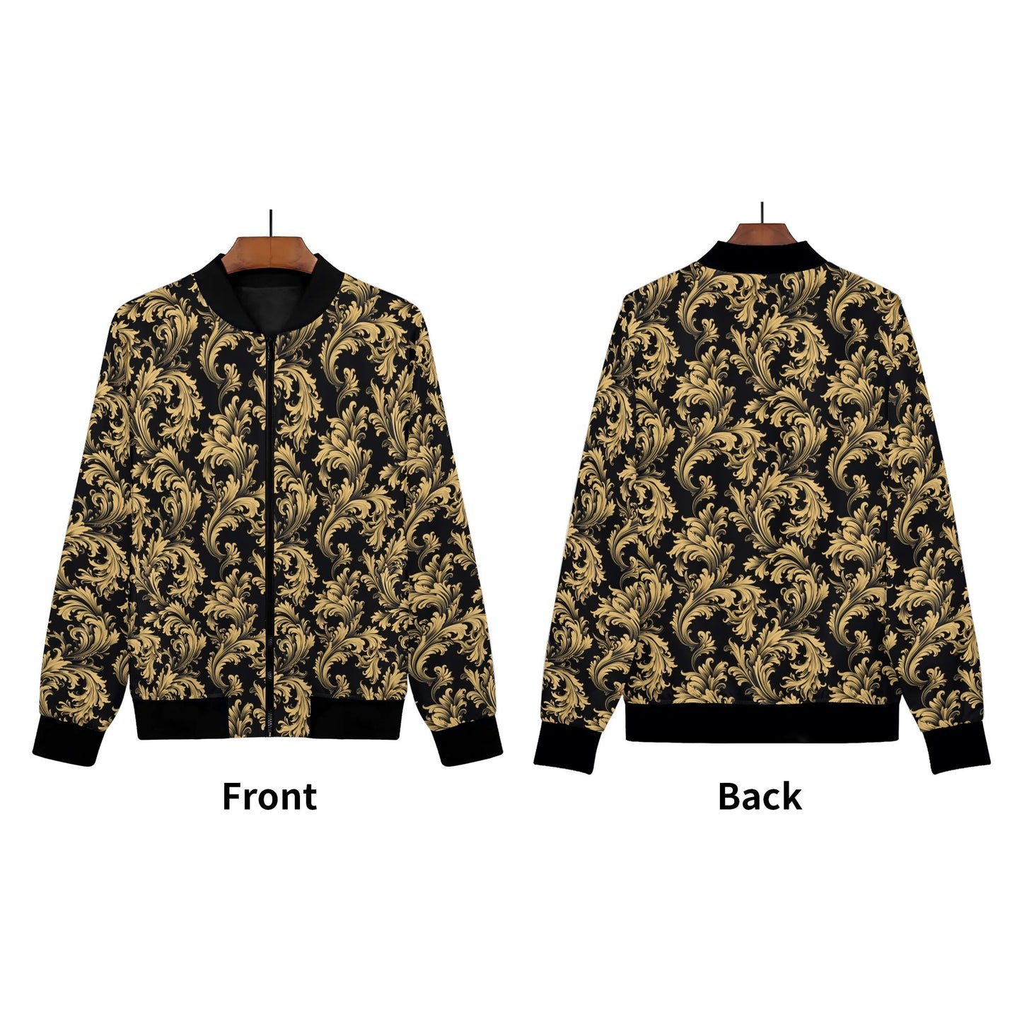 Black Gold Print Women Bomber Jacket, Baroque Ladies Female Zip Up Streetwear Winter Vintage Pilot Varsity Warm Designer Coat Plus Size