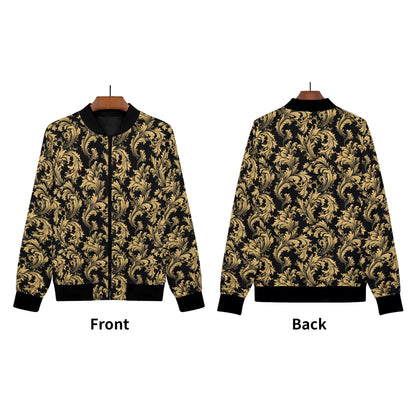 Black Gold Print Women Bomber Jacket, Baroque Ladies Female Zip Up Streetwear Winter Vintage Pilot Varsity Warm Designer Coat Plus Size