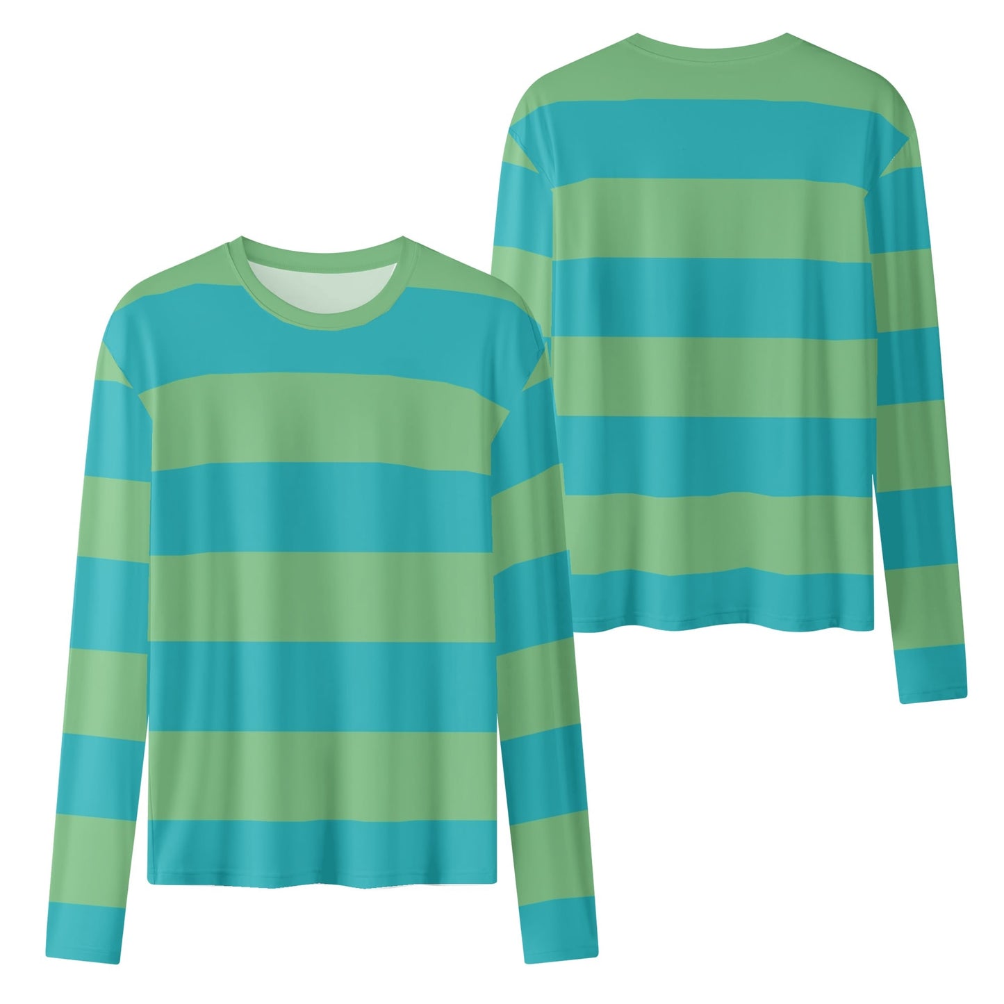 Green Blue Striped Women Long Sleeve Tshirt, Wide Stripe Ladies Female Designer Graphic Aesthetic Fashion Fitted Crewneck Tee Shirt Top