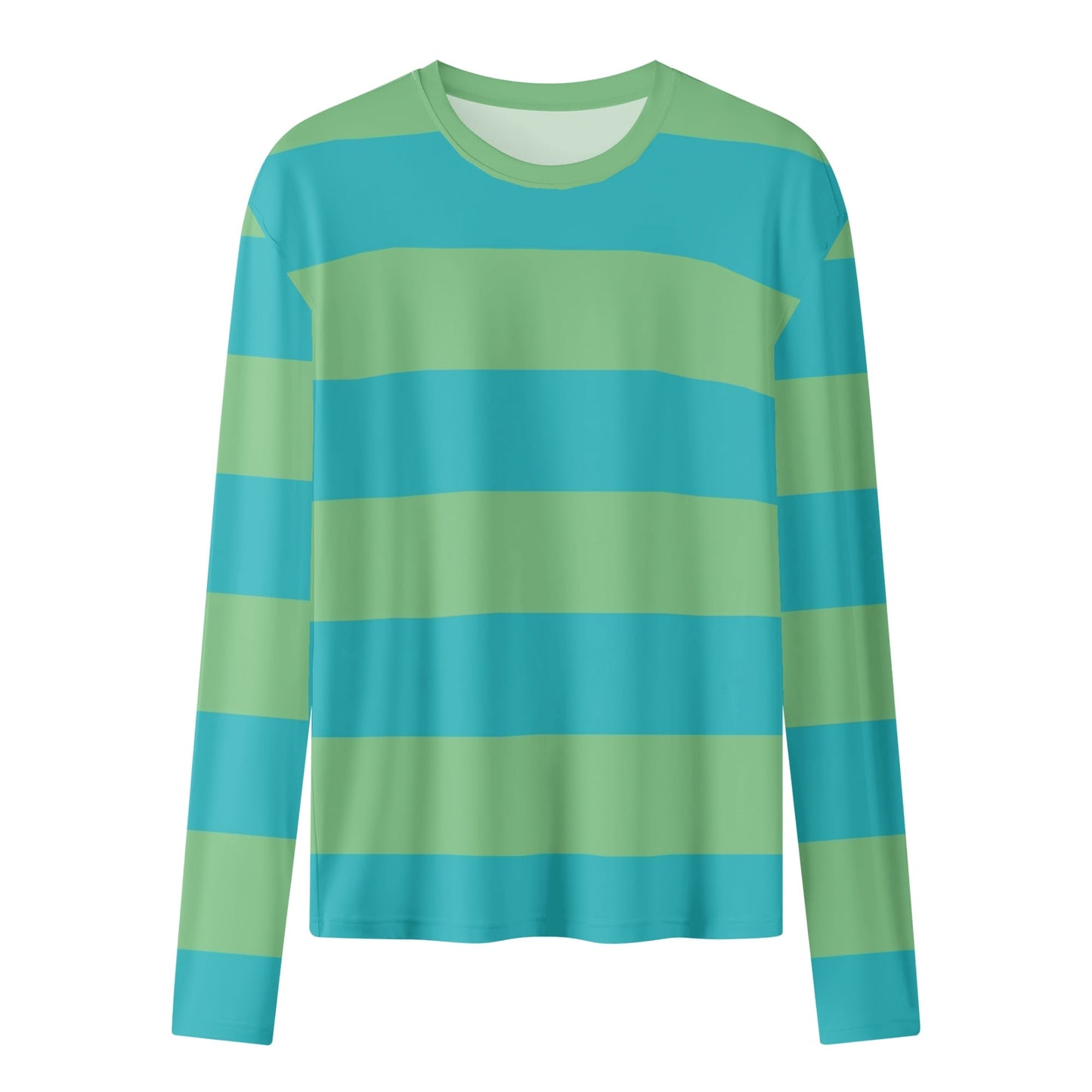 Green Blue Striped Women Long Sleeve Tshirt, Wide Stripe Ladies Female Designer Graphic Aesthetic Fashion Fitted Crewneck Tee Shirt Top