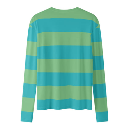 Green Blue Striped Women Long Sleeve Tshirt, Wide Stripe Ladies Female Designer Graphic Aesthetic Fashion Fitted Crewneck Tee Shirt Top