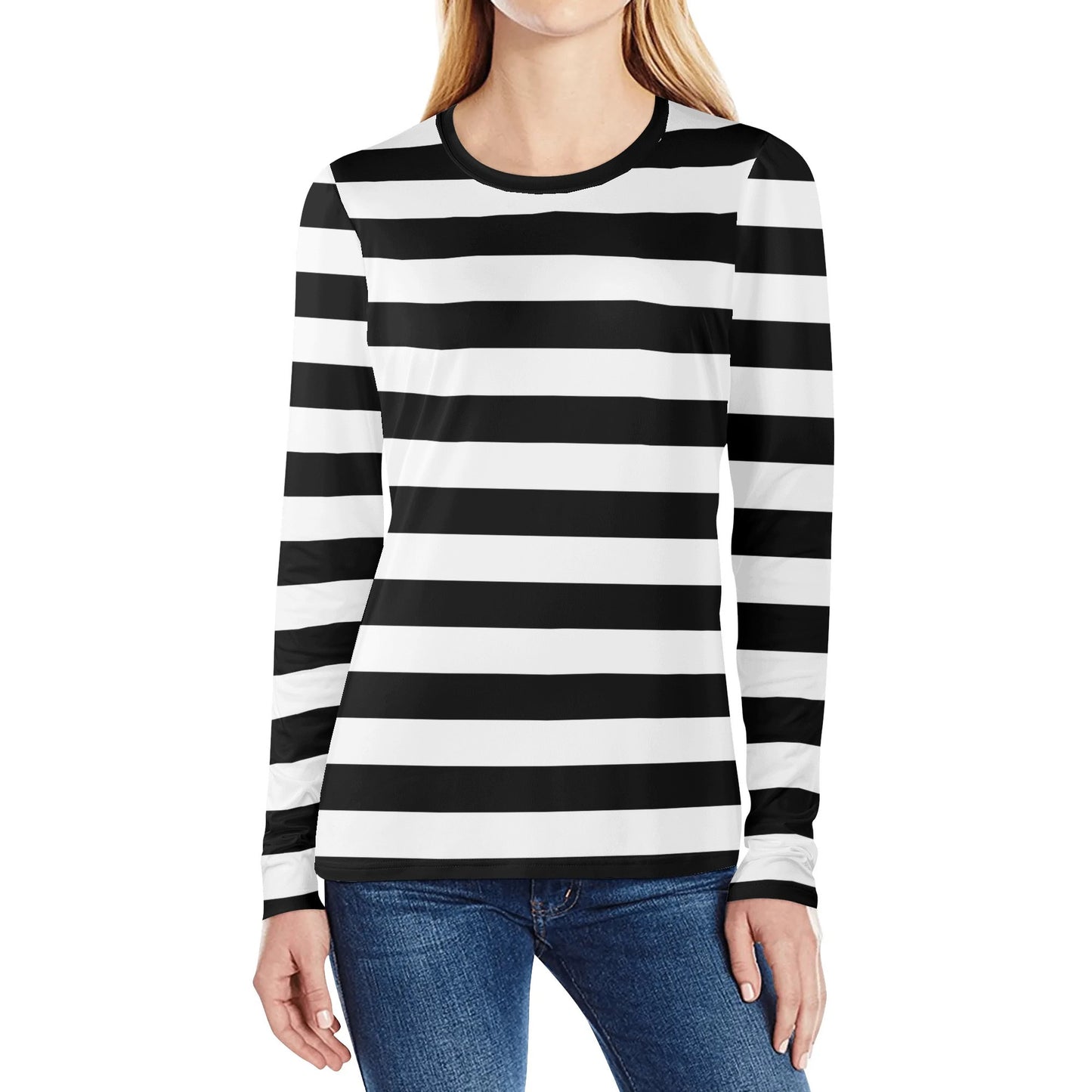 Black White Striped Women Long Sleeve Tshirt, Stripes Costume Ladies Female Designer Adult Graphic Aesthetic Fitted Crewneck Tee Shirt Top