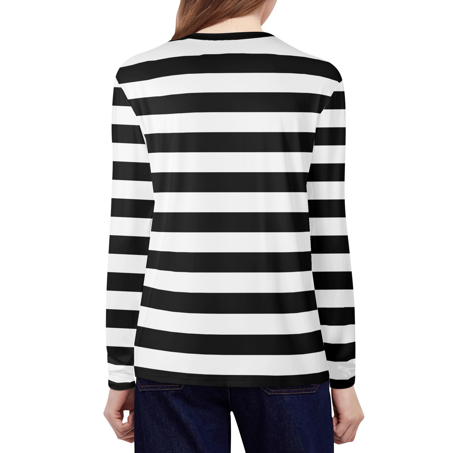 Black White Striped Women Long Sleeve Tshirt, Stripes Costume Ladies Female Designer Adult Graphic Aesthetic Fitted Crewneck Tee Shirt Top